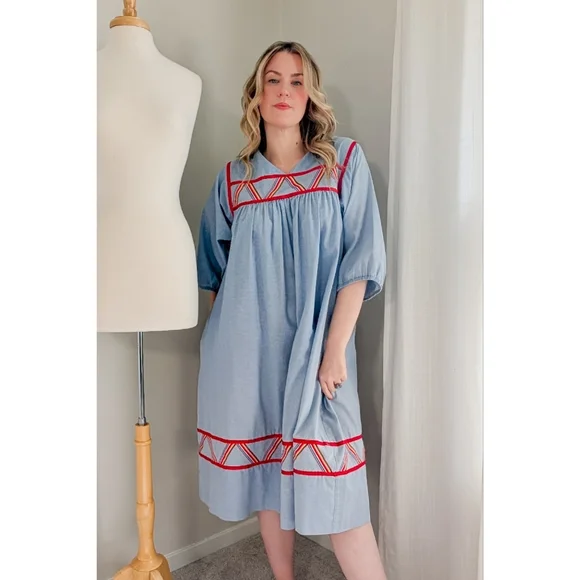 70s Blue Krist Gudnason for Rainbow Trim Cotton 1970s Vintage Midi Shift Dress - Picture 2 of 15